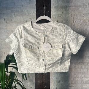 STORIA Ivory Off White Floral Crop Button Down Short Sleeve Size M New with Tags